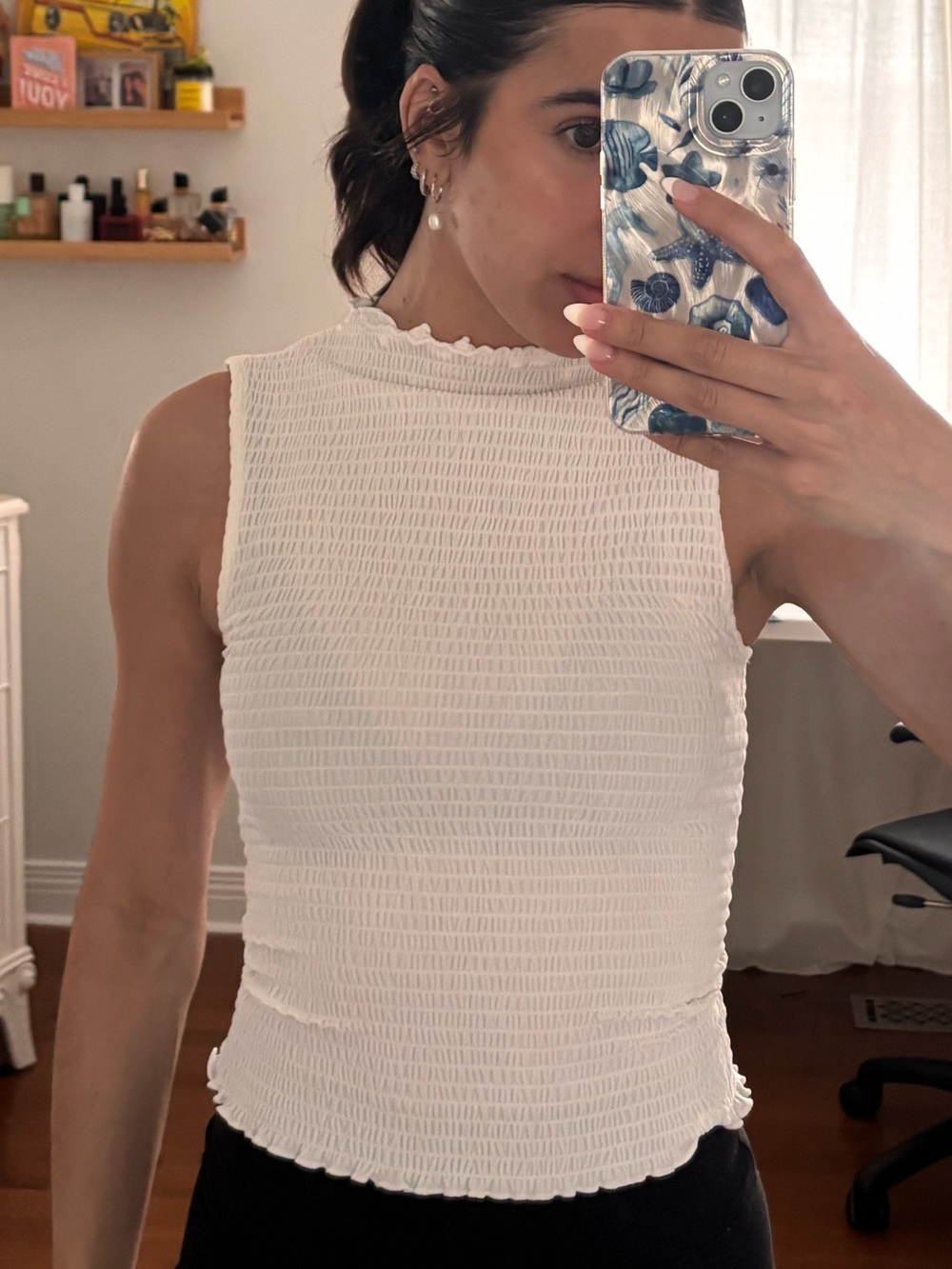 Wilfred White Smocked Sleeveless Mock Neck Top